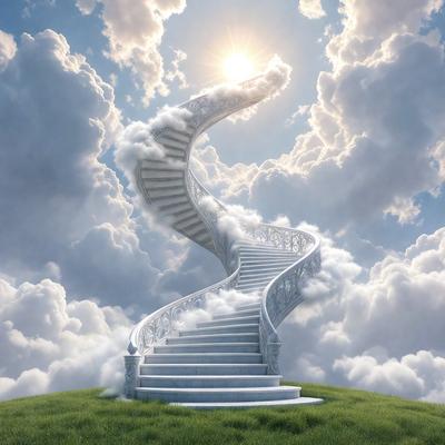 The primary subject of the image is a white staircase with a spiral design, which is situated in a lush green field. The staircase is surrounded by a cloudy sky, giving the scene a whimsical and dreamy atmosphere. The visual style of the image is a combination of photo and digital art, creating a surreal and imaginative scene. The colors and mood of the image are predominantly green and serene, with the white staircase contrasting beautifully against the vibrant green
